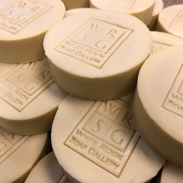 White Rock Soap Gallery cold-process soap bars, 3-inch round, hand-stamped, made in Dallas TX