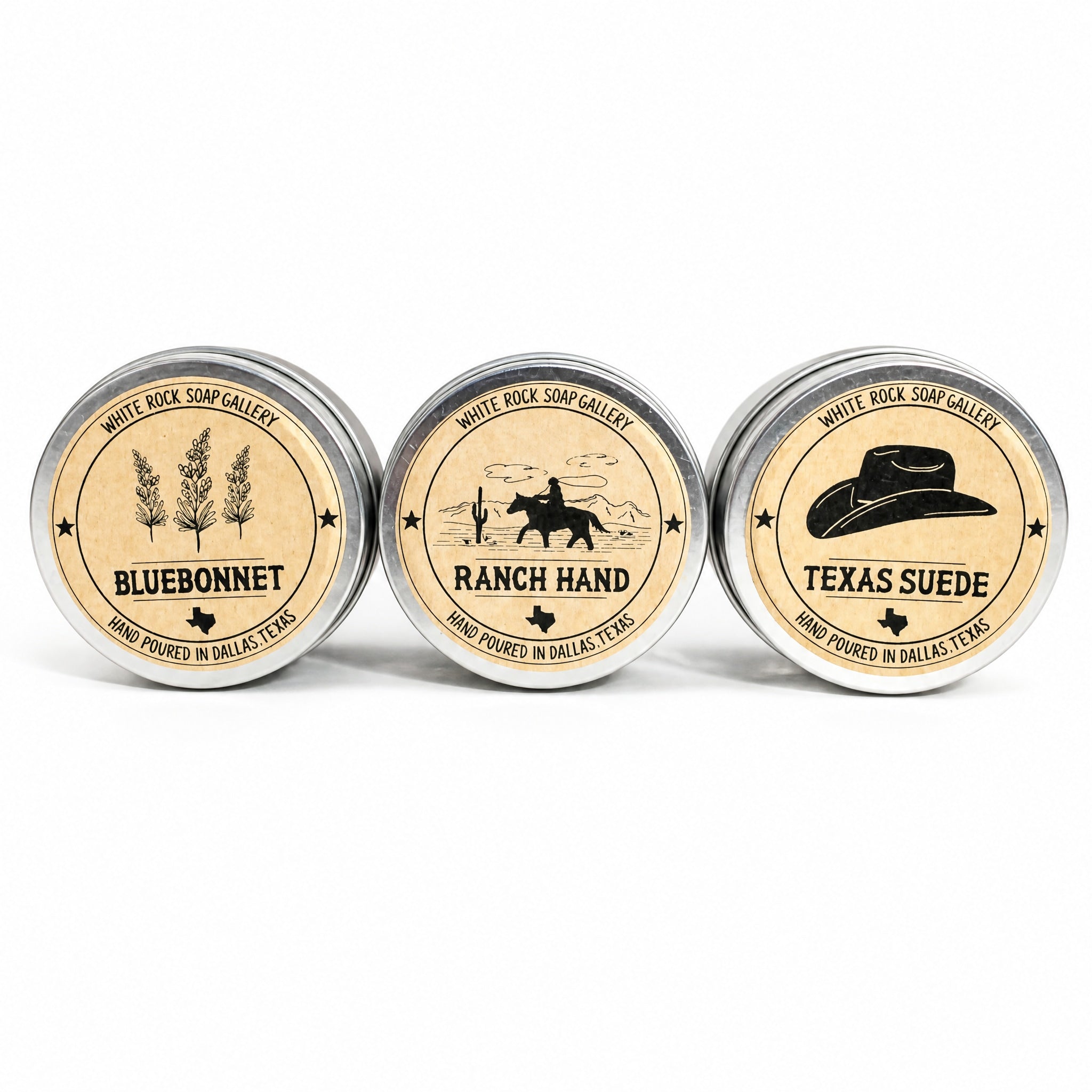 Texas Travel 4 oz Tin Soy Candle by White Rock Soap Gallery available from White Rock Soap Gallery in Dallas